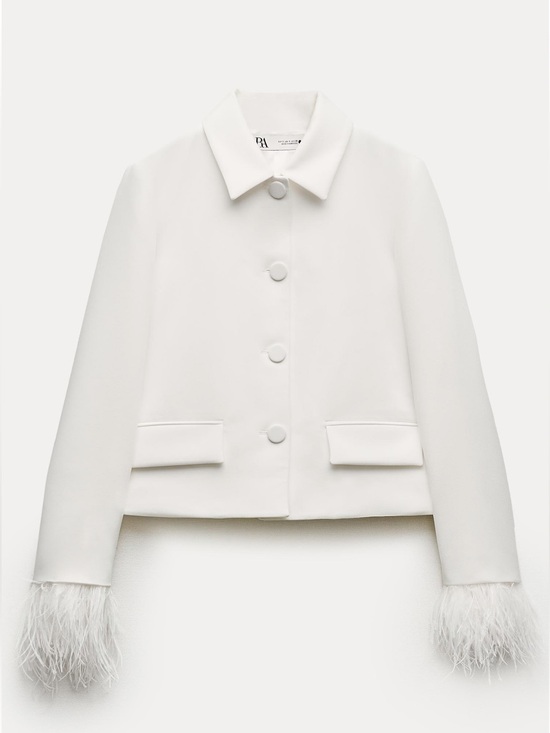 Zara Jackets & Blazers - Zara Collection White Feather-Trim Cropped Blazer & High Waisted Shorts